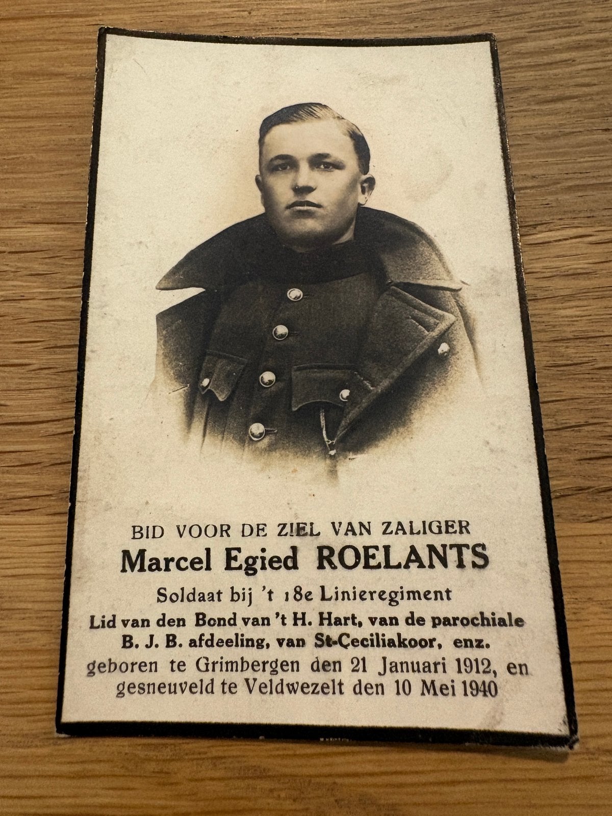Gesneuvelde 40-45, Roelants, Vroenhoven 10 mei, 18e Linie, Enlèvement ou Envoi, Image pieuse