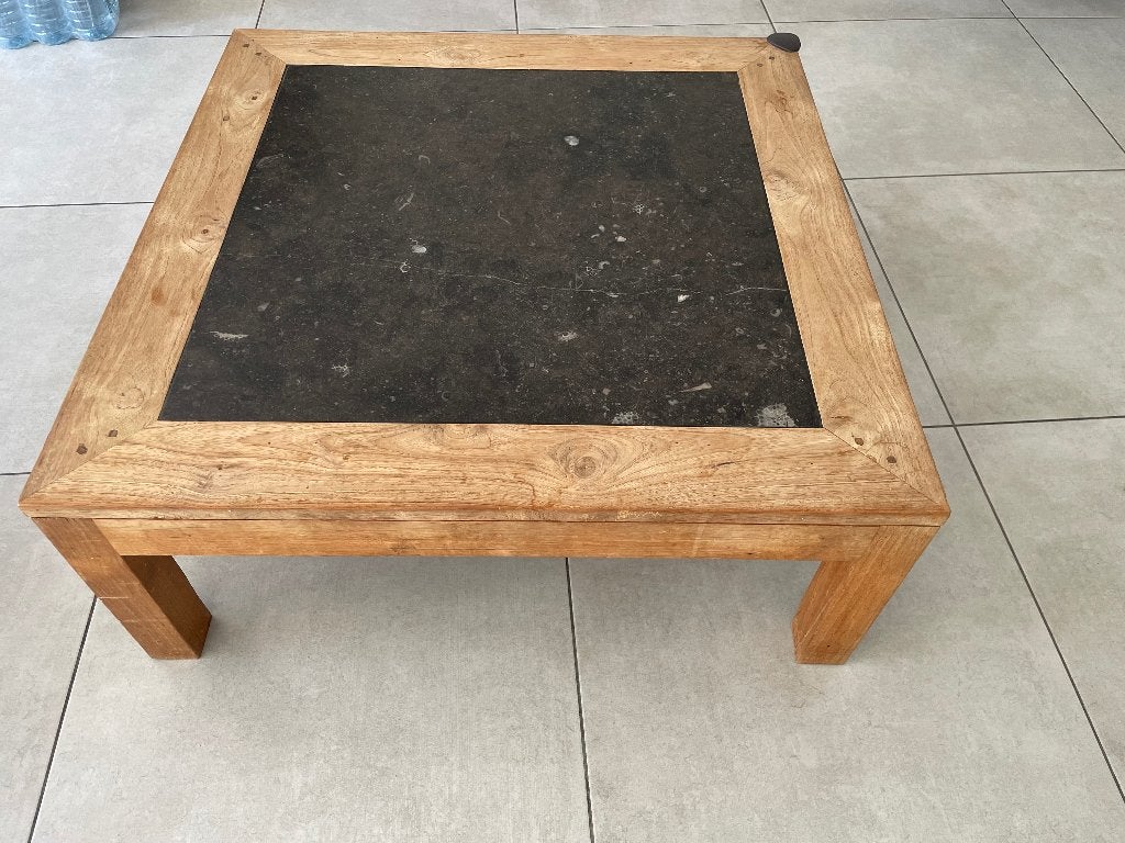 Jolie table basse carrée en vrai bois et céramique–85x85 cm, Maison & Meubles, 50 à 100 cm, Carré, Enlèvement, Utilisé