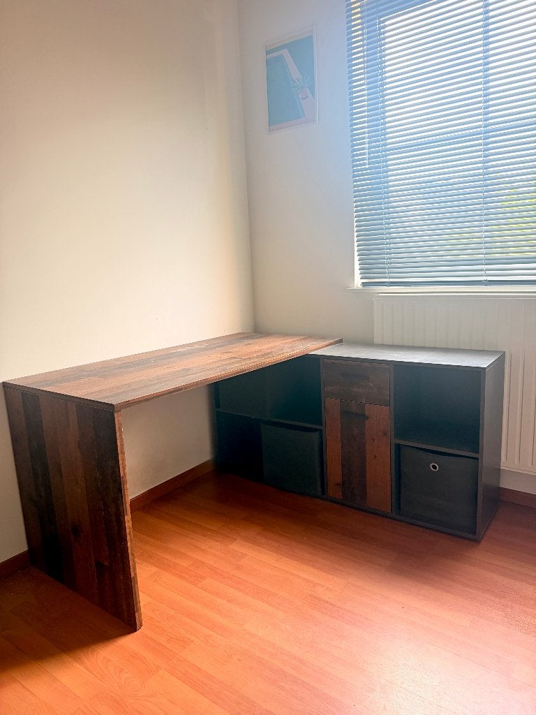 Hoekbureau met opbergkasten + bureaustoel, Huis en Inrichting, Ophalen, Zwart, Hout, Hoekbureau