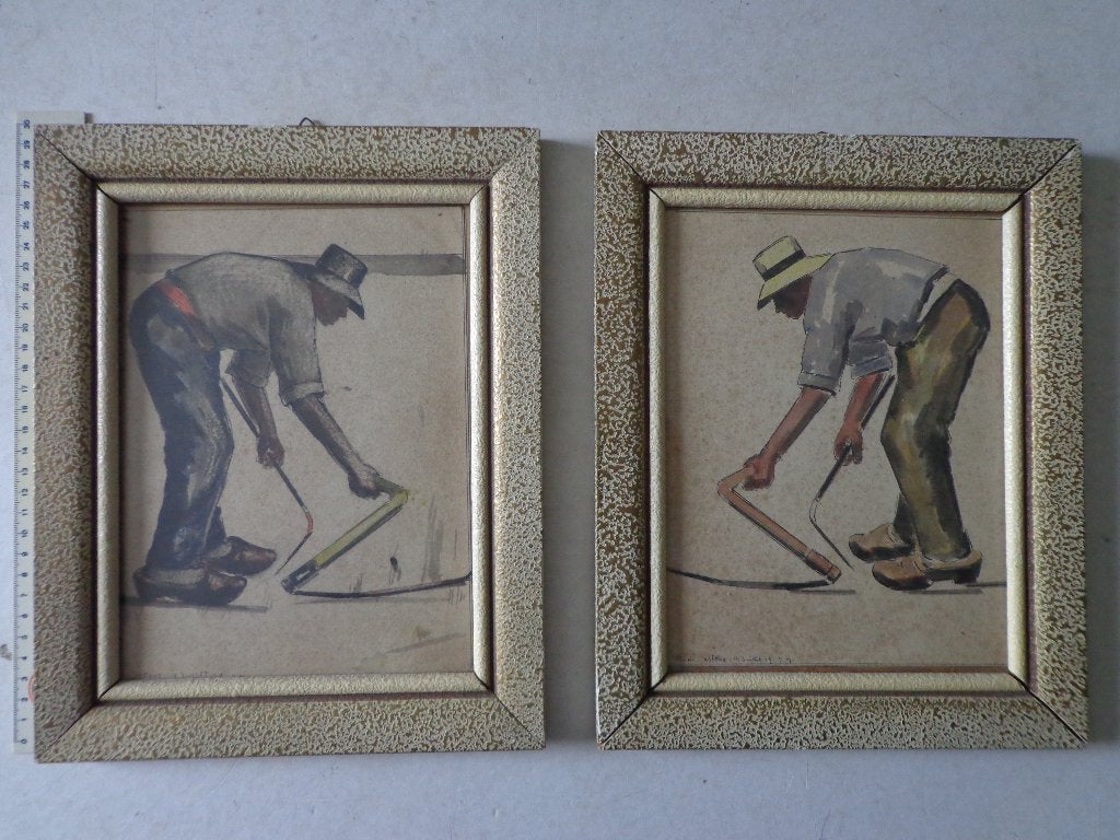 2 tekeningen John Michaux "Landarbeider met hoed" uit 1949, Enlèvement ou Envoi