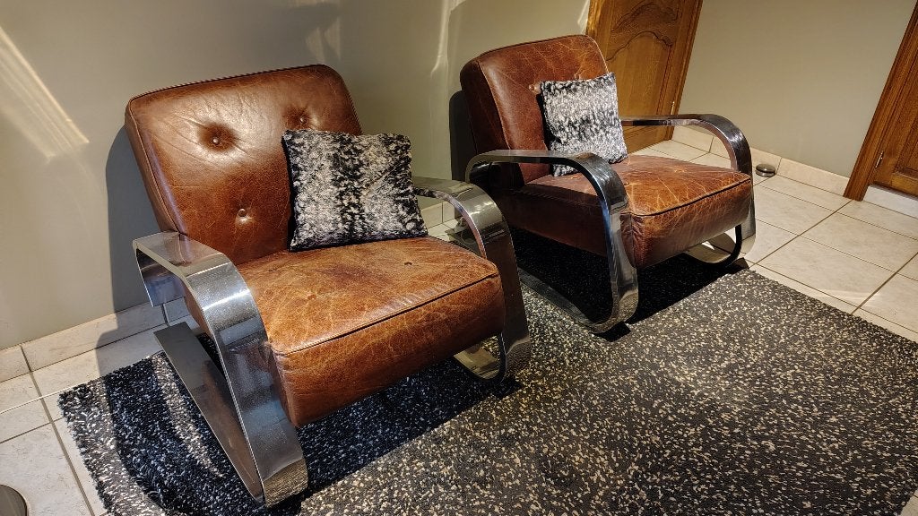 Leren Art Deco fauteuils met chromen frame (set van 2), Ophalen, 75 tot 100 cm, Zo goed als nieuw, 75 tot 100 cm