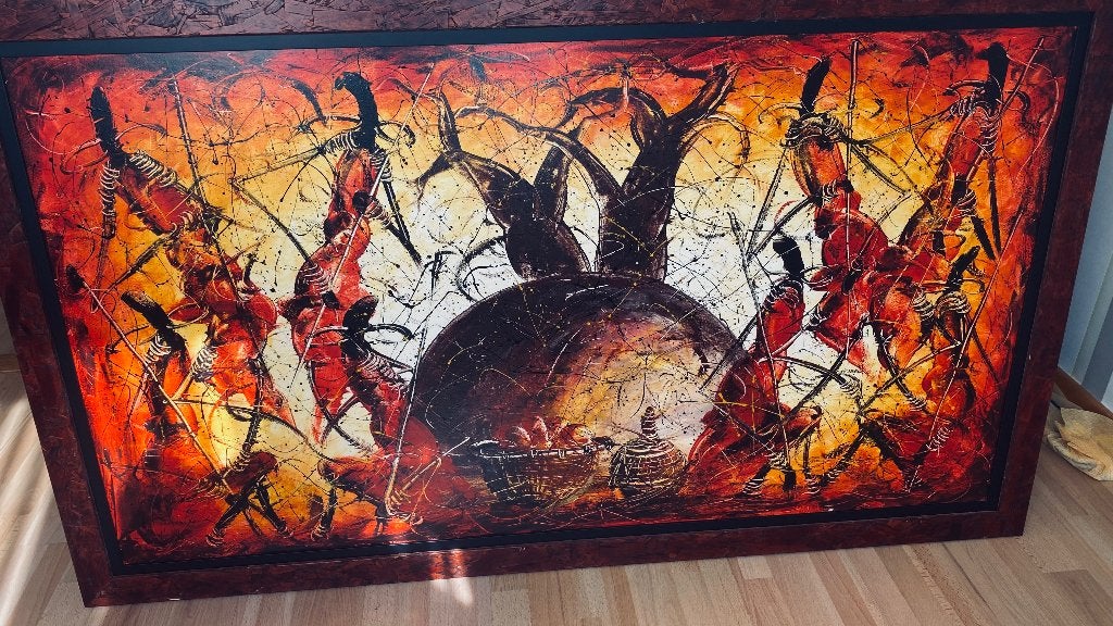 Afrikaschilderij, Antiek en Kunst, Ophalen, Figuren, Ingelijst, Olieverf