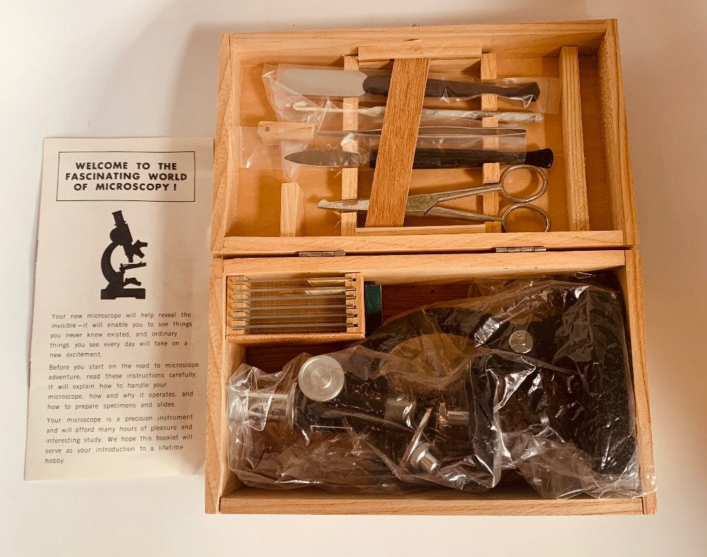 Vintage microscoopset in houten kist, Ophalen of Verzenden