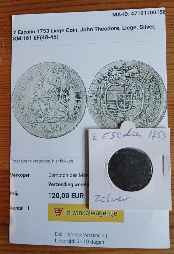 Zilveren Munt 2 Escalin uit 1753., Verzenden, Zilver