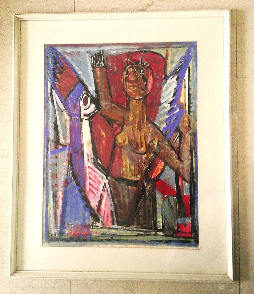 Figuur in abstr compositie '57 - Christian de Moor 1899-1981, Antiek en Kunst, Ophalen, Gouache, Portret of Personen, Gedateerd