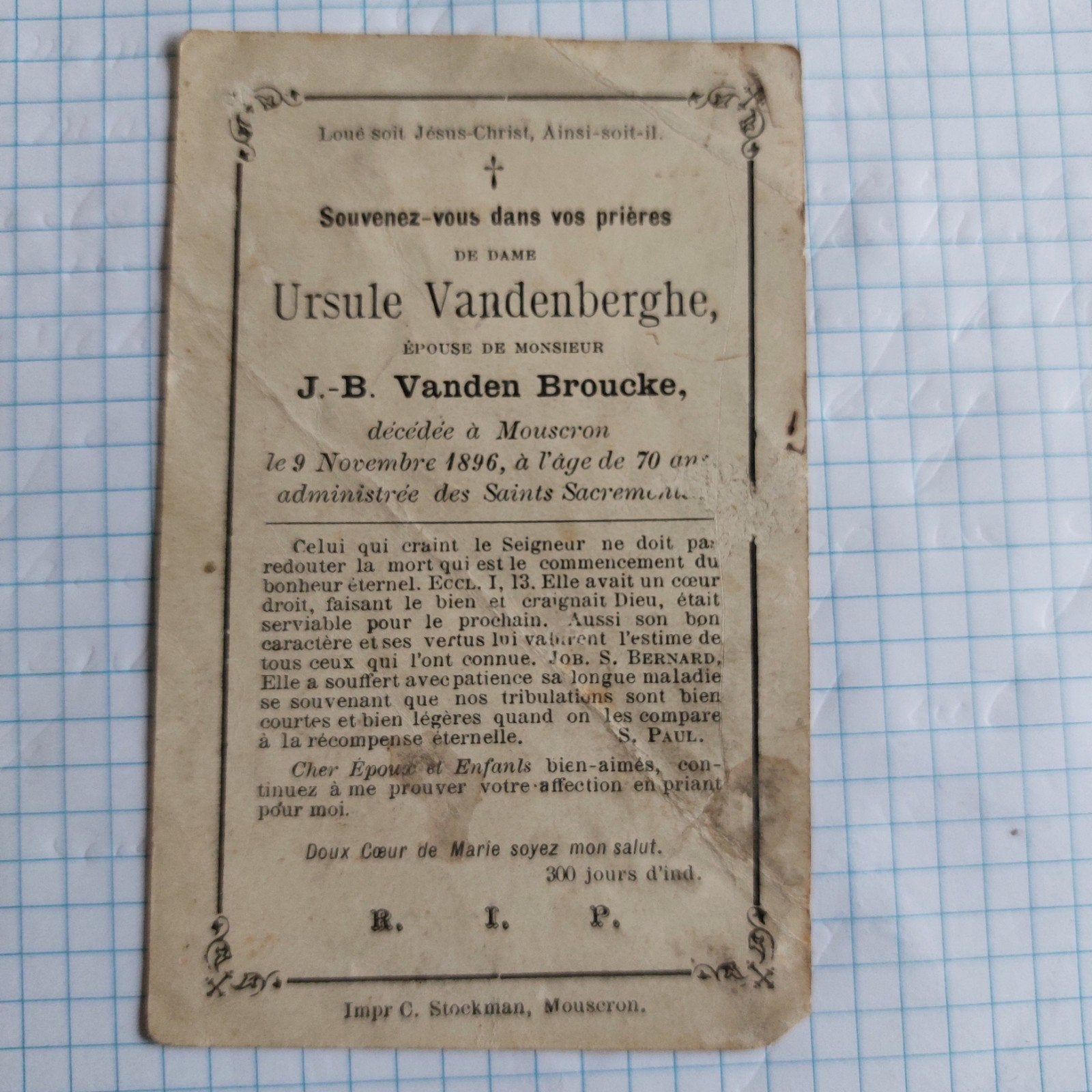 bidprentje Mouscron 1826-1896, Ophalen of Verzenden, Bidprentje