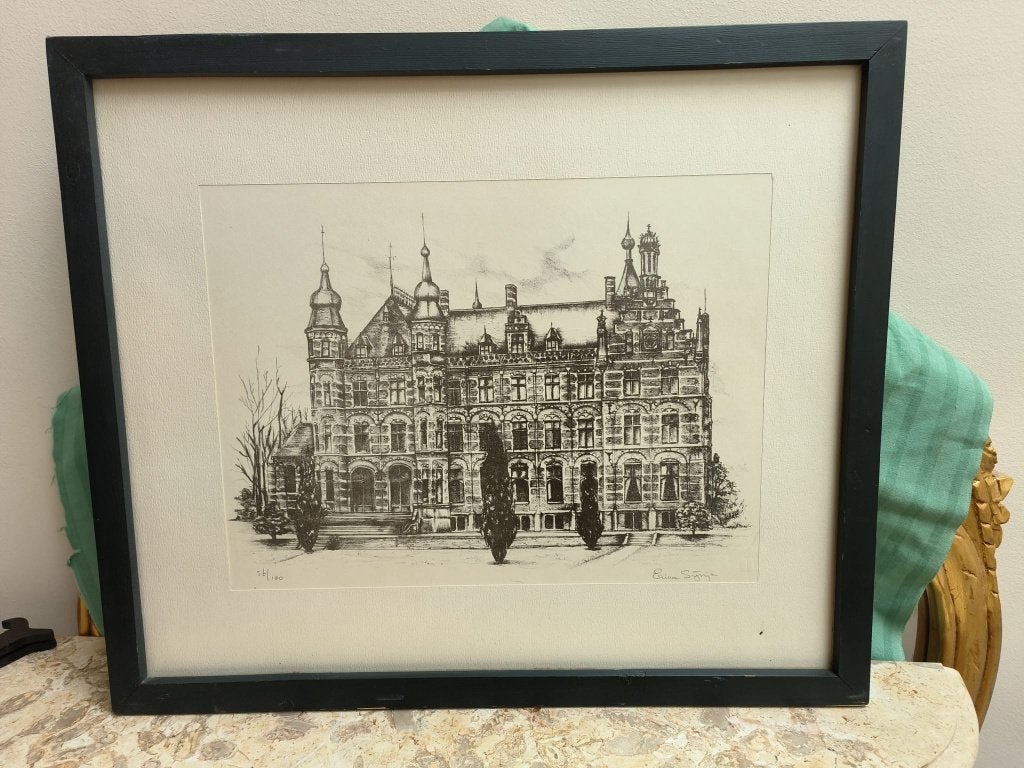 Pentekening van een Gebouw achter glas (Erica Stijnja), Ophalen, Tekening, Pentekening, Handgemaakt