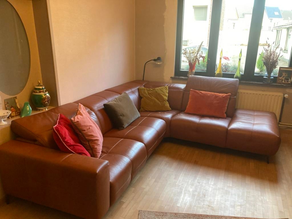 Lederen hoekzetel met elektrische relax – topstaat, Ophalen, Zo goed als nieuw, Leer, Modern