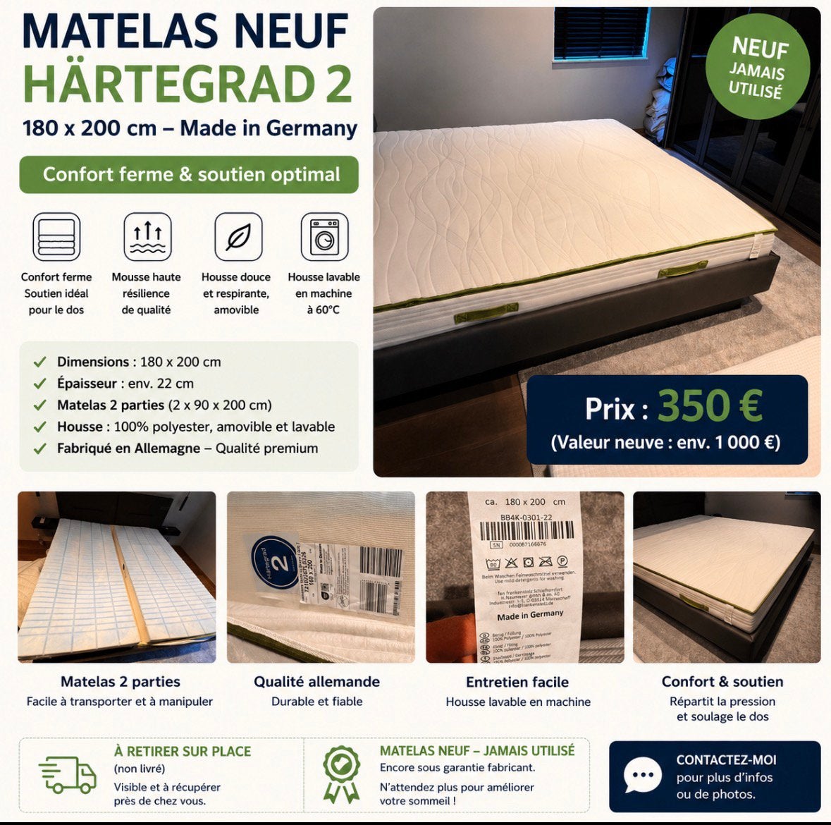 Matelas neuf 180x200 cm –, Maison & Meubles, Chambre à coucher | Matelas & Sommiers, Enlèvement, Comme neuf, 200 cm, Matelas