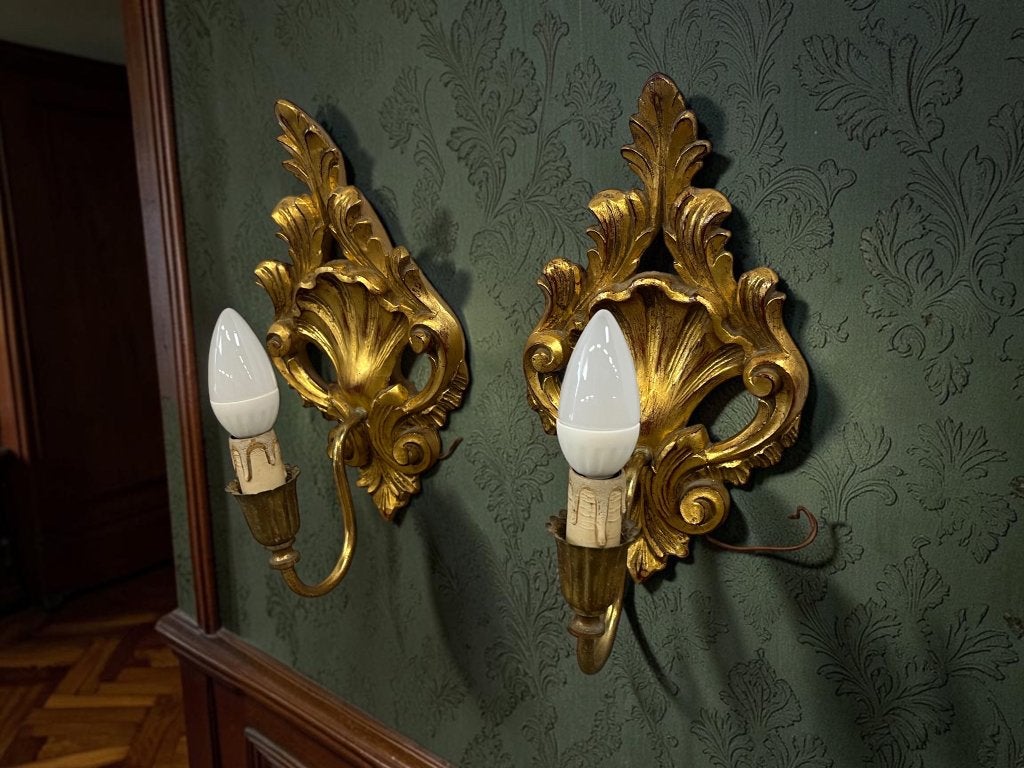 set van 2 vintage gouden wandlampen/  muurlampen, Ophalen, Glas, Wandlamp