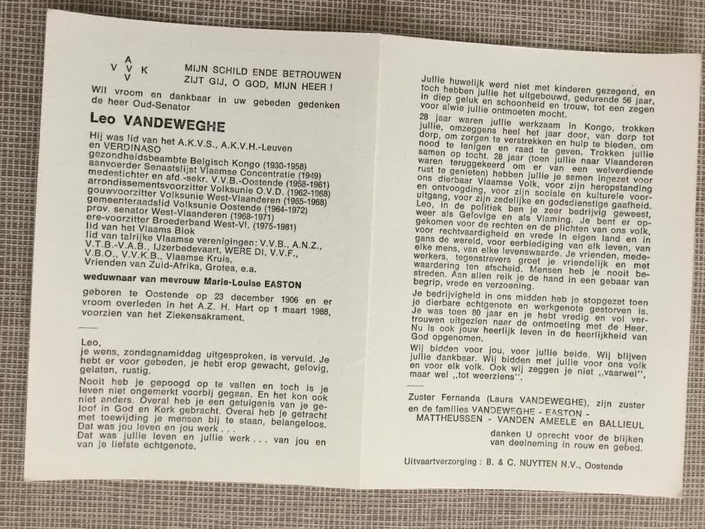 Collaboratie, Repressie L.Vandeweghe +1988 lid van VERDINASO, Verzenden, Bidprentje