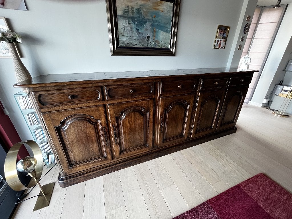 Exclusief massief eiken dressoir – 284 cm – topstaat, Huis en Inrichting, Ophalen, Eikenhout, Met lade(s), Zo goed als nieuw