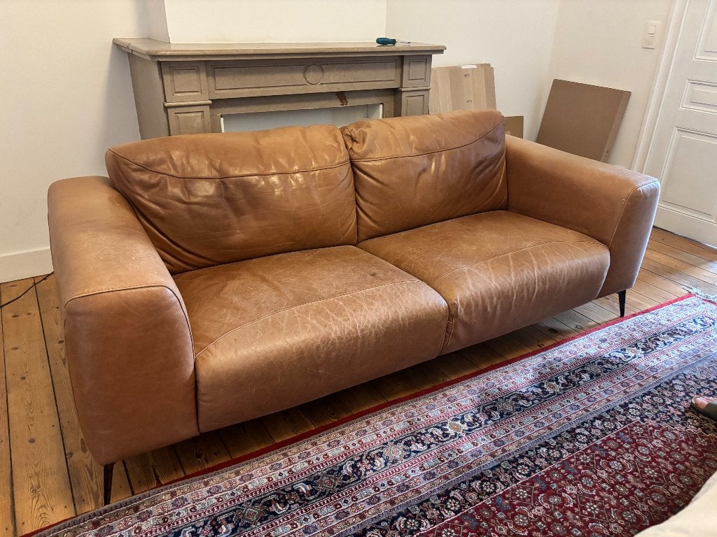 Lederen zetel cognac, Ophalen, Gebruikt, Tweepersoons, Rechte bank