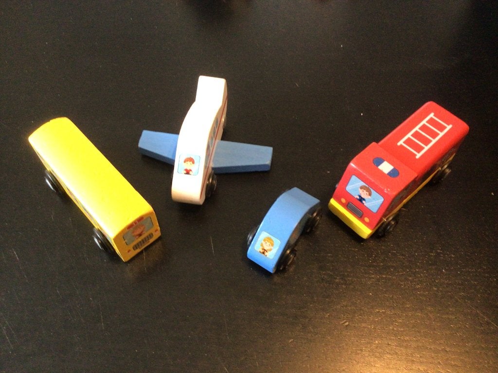 Houten bus, brandweer, auto en vliegtuig, Ophalen, Gebruikt, Duw- of Trekspeelgoed