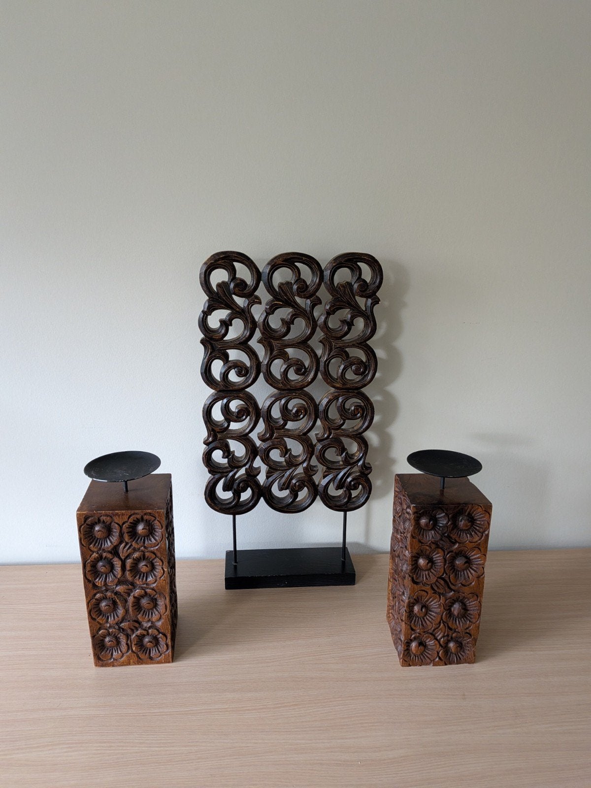 Decoratiepaneel + 2 massieve houten etnische kandelaars, Huis en Inrichting, Ophalen