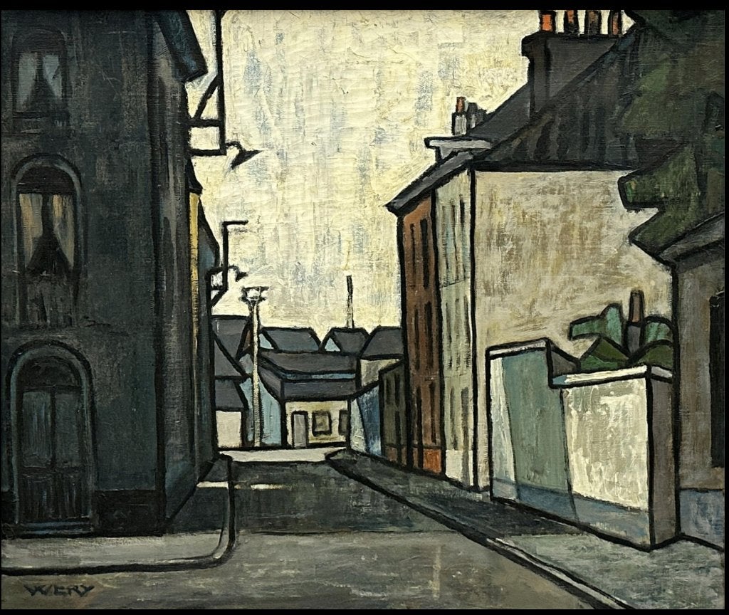 (Marthe) Wery - Village View ('50) huile sur toile, Enlèvement, Peint à la main, Peinture à l'huile, Paysage urbain