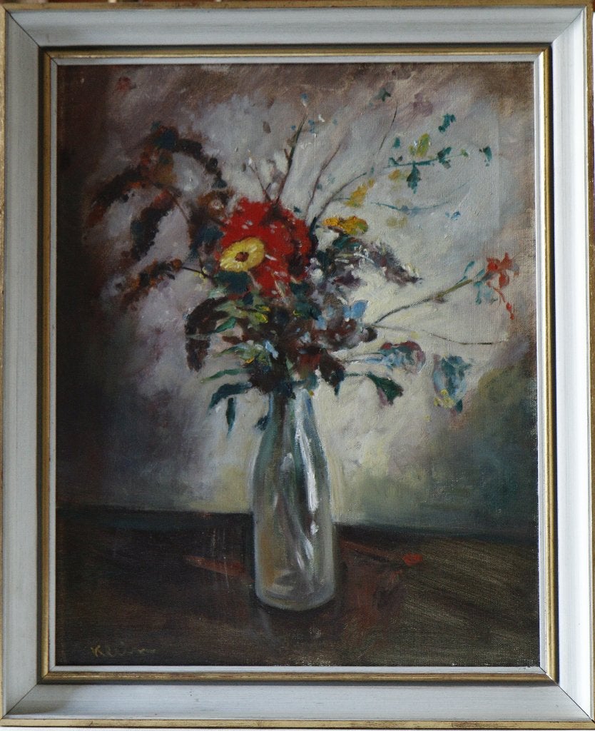 Hans Klein: Flesje met veldbloemen (olieverf op doek), Peinture à l'huile, Enlèvement, Encadré, Fleurs