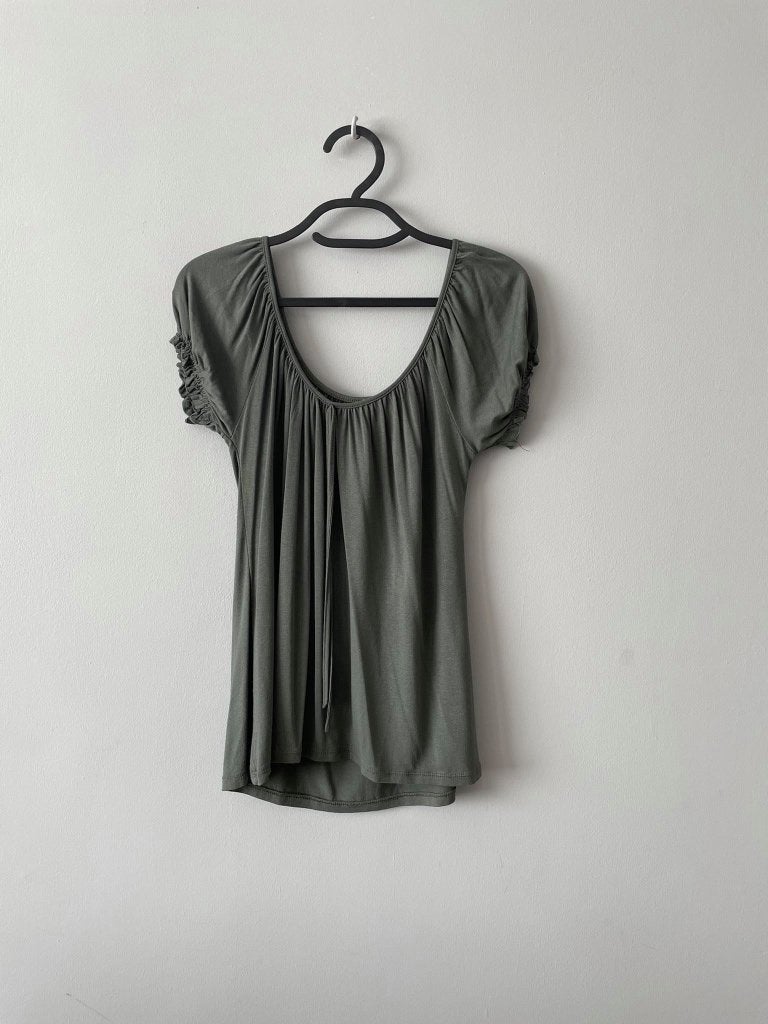 Kaki BLOUSE met bardot of ronde hals S, Kleding | Dames, Ophalen of Verzenden, Zo goed als nieuw, Maat 36 (S), Groen