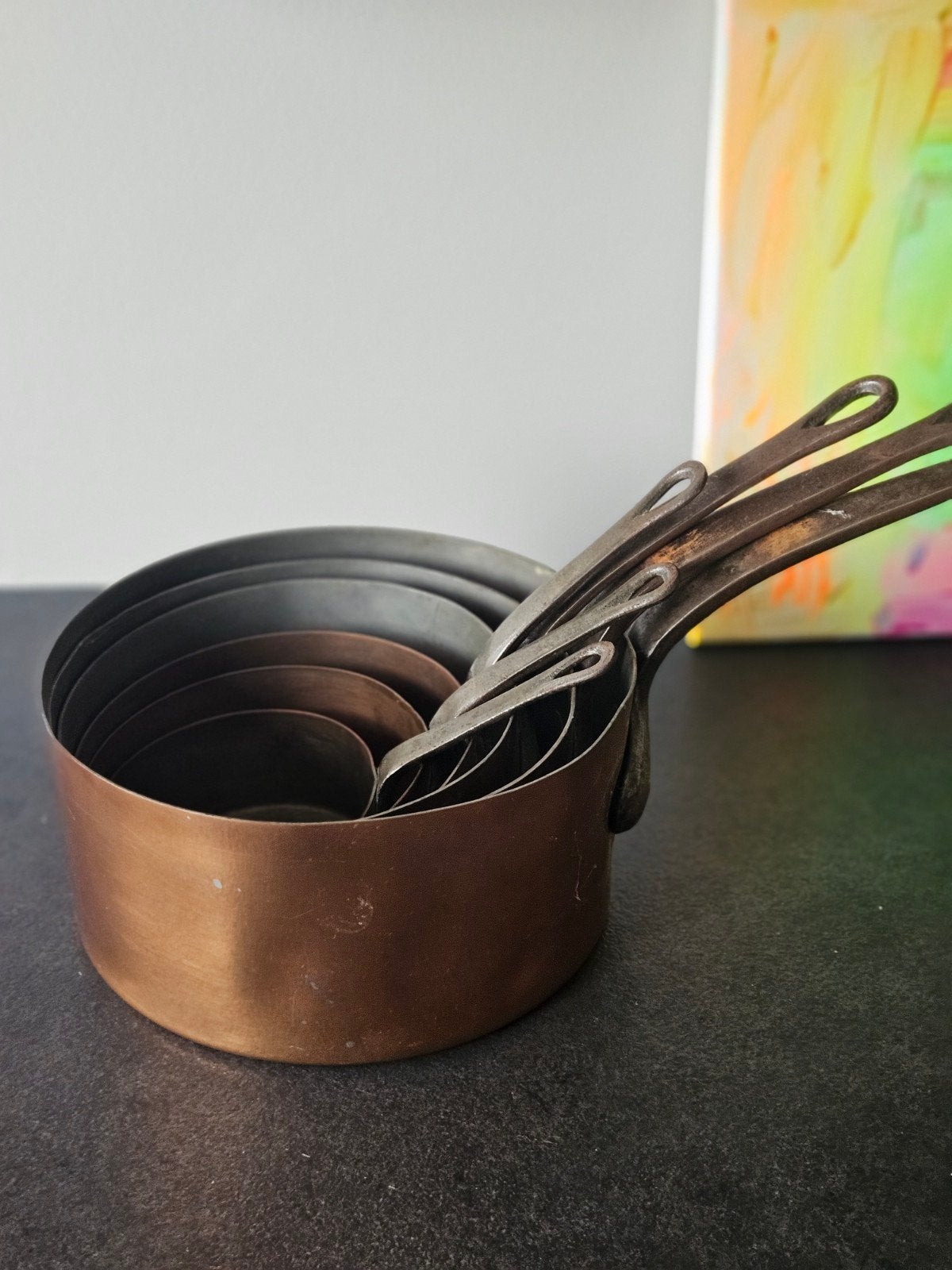 6 koperen potten met metalen handvat, Ophalen