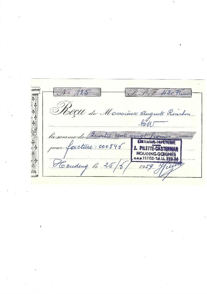 Ancien reçu 1959, Collections, Enlèvement ou Envoi, Utilisé