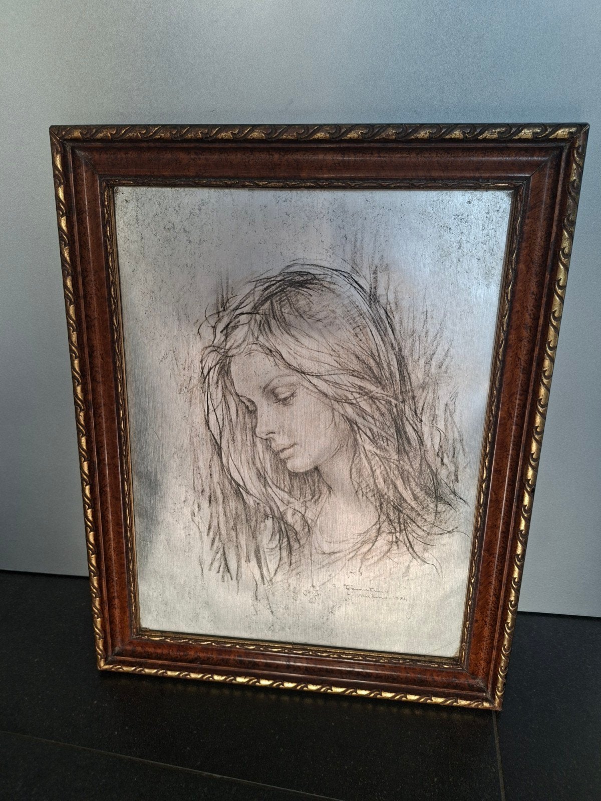 ingelijste vintage reproductie litho vrouwenportret, Enlèvement, Reproduction, Dessin au crayon, Encadré