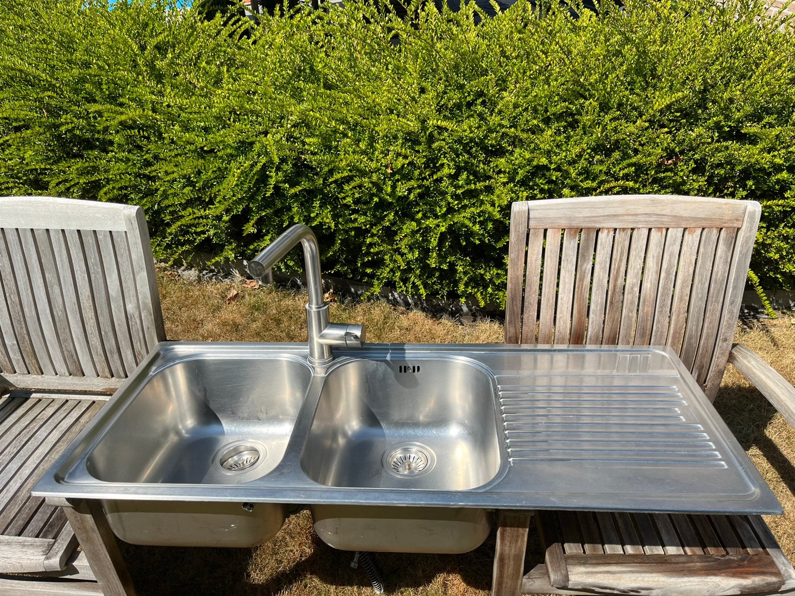 Dubbele inox spoelbak + keukenkraan, Huis en Inrichting, Ophalen, Gebruikt