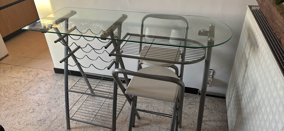 Bar en verre avec 2 tabourets, Enlèvement, Utilisé, Gris
