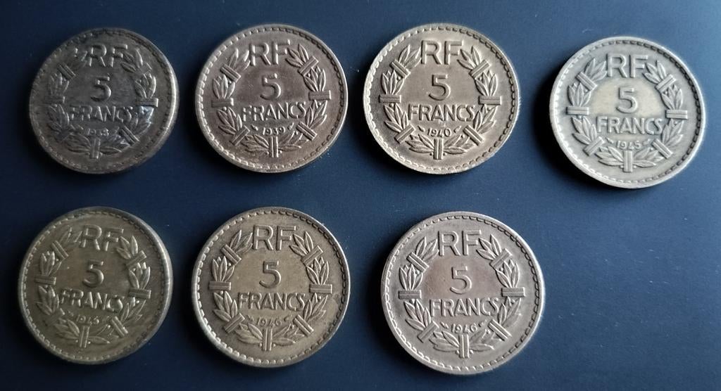 France Lavrillier cupro-aluminium 7 stuks tussen 1938-1946., Postzegels en Munten, Ophalen, Frankrijk, Losse munt