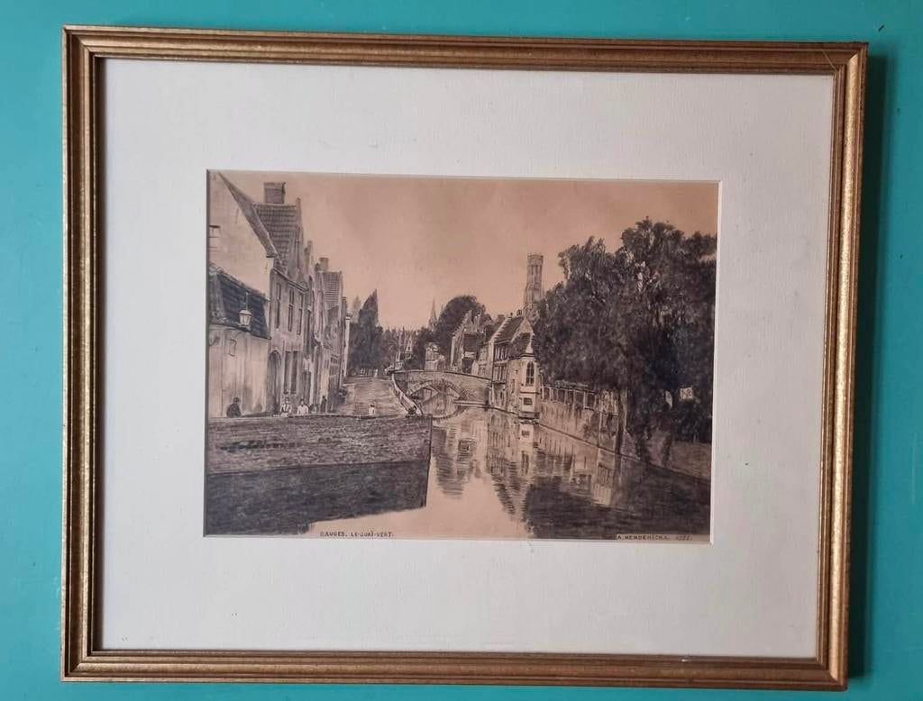 Brugge het groene dok A Hendrickx, Antiek en Kunst, Kunst | Etsen en Gravures, Ophalen of Verzenden