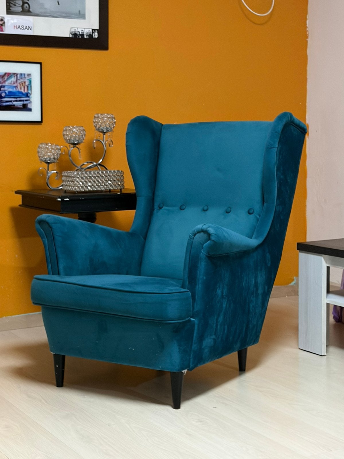 Blauwe oorfauteuil, Huis en Inrichting, Ophalen, Minder dan 75 cm, Zo goed als nieuw, 50 tot 75 cm