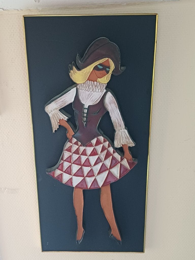 Tableau mural vintage Colombine en céramique relief 60/70, Antiquités & Art, Envoi