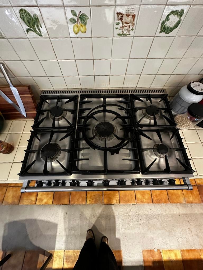 Falcon inox gasfornuis 90 cm – 5 branders + grill + ovens, Ophalen, Gebruikt, Warmhoudplaat, Gas