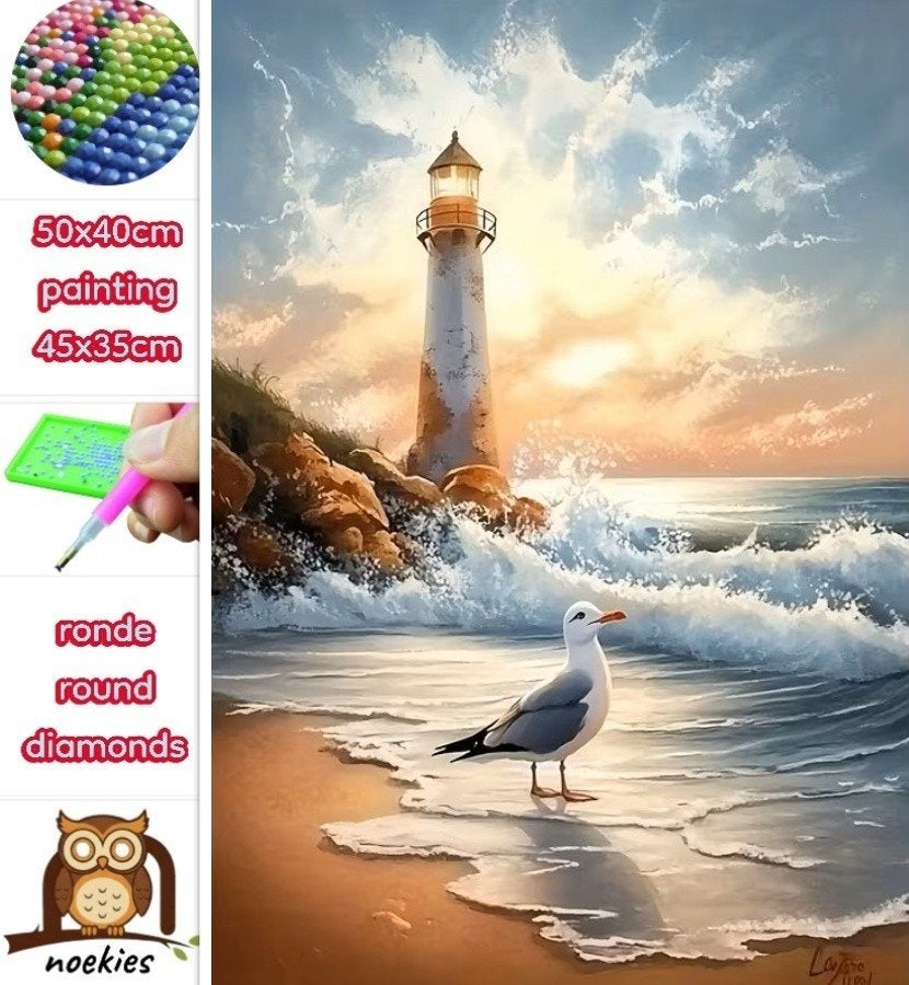 50x40cm Diamond Painting vuurtoren zee (rond) nr 74, Zee en Strand, Verzenden, Nieuw, Meerkleurig