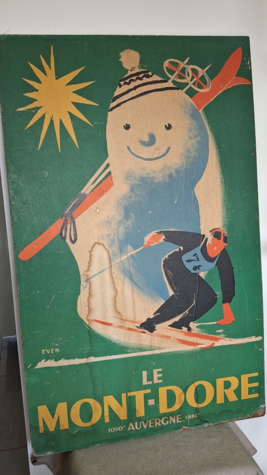 Zeer grote vintage poster op hout Mont-Dore ski, Ophalen