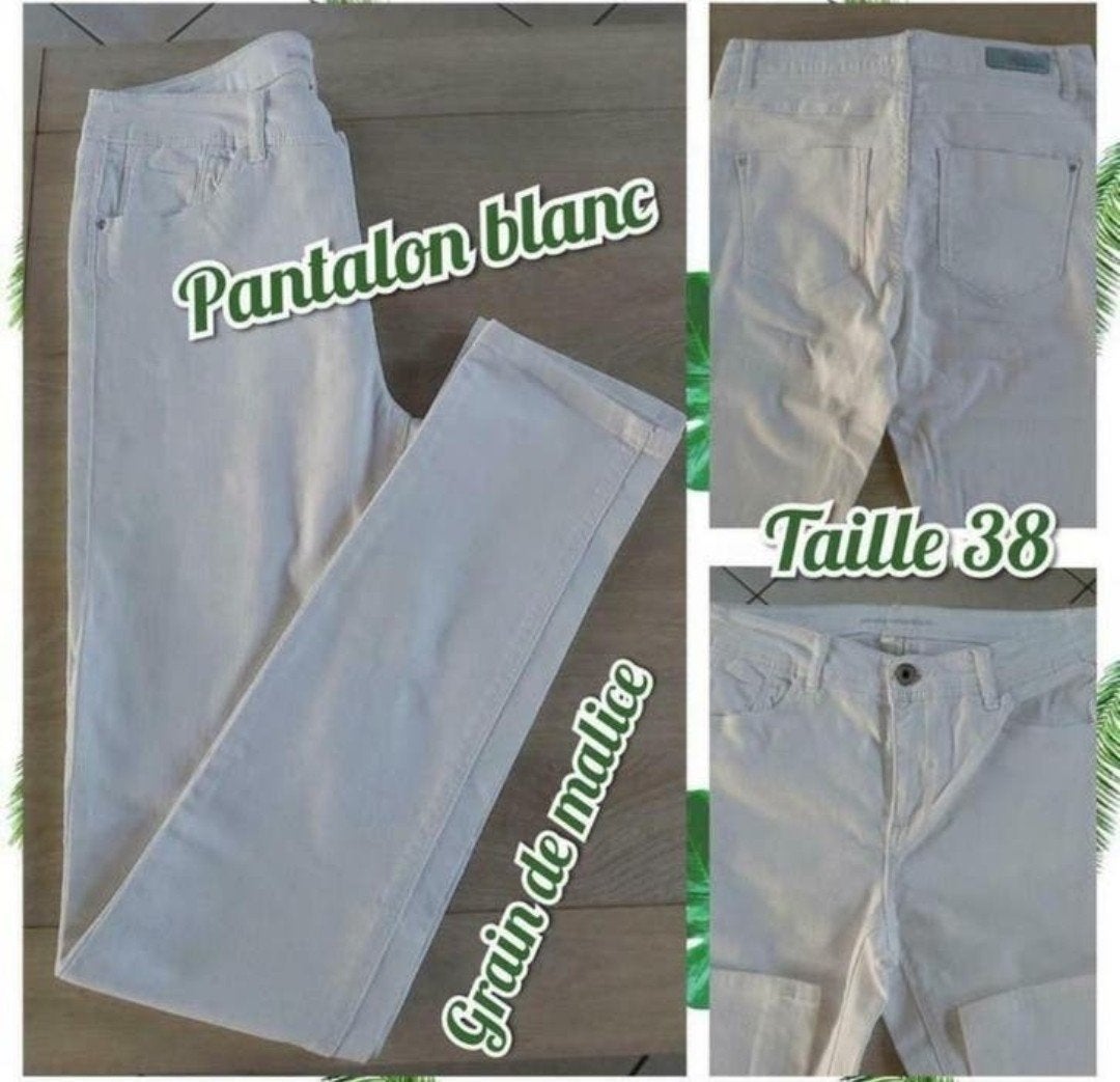 Pantalon pour femme-blanc-grain de malice-T.38, Taille 38/40 (M), Enlèvement ou Envoi, Longs, Porté