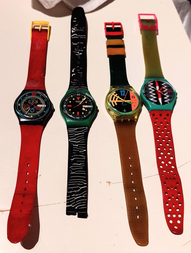 Set van 4 originele vintage SWATCH Horloges. 1986-89, Overige merken, Overige materialen, Met bandje, Polshorloge