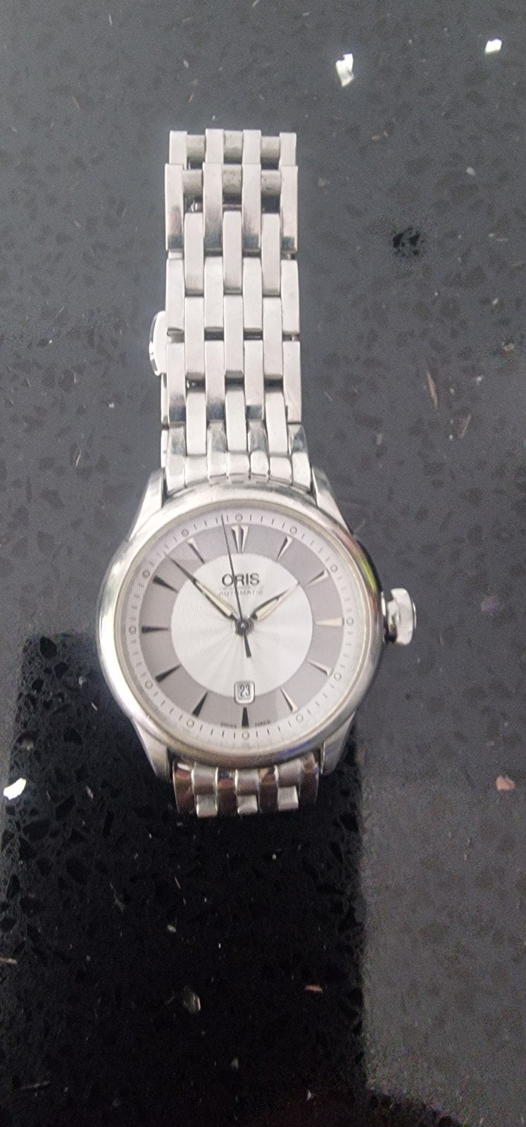 te koop Oris atelier date, Staal, Polshorloge, Zo goed als nieuw, Zilver