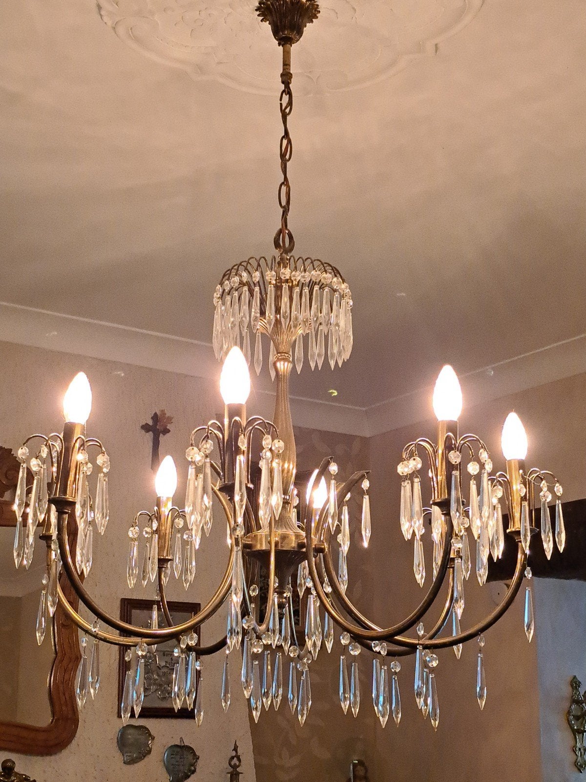 Prachtige Vintage Messing Kroonluchter met Kristallen Pegels, Ophalen, Zo goed als nieuw, Glas, Vintage