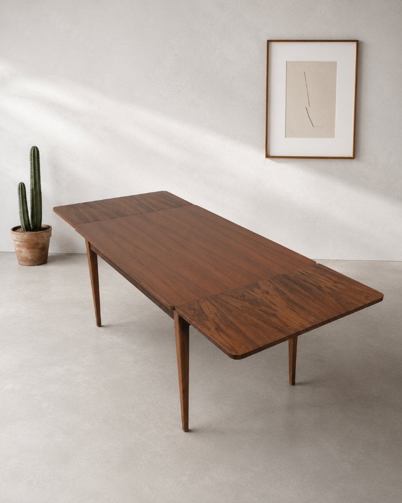 Scandinavische uitschuifbare teakhouten tafel — jaren 60, Antiek en Kunst, Ophalen