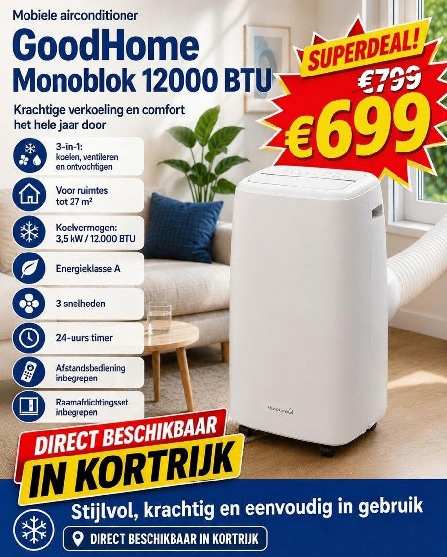 Nouveau climatiseur mobile GoodHome 12 000 BTU/3,5 kW, Electroménager, Climatiseurs, Enlèvement, Climatiseur mobile, Télécommande