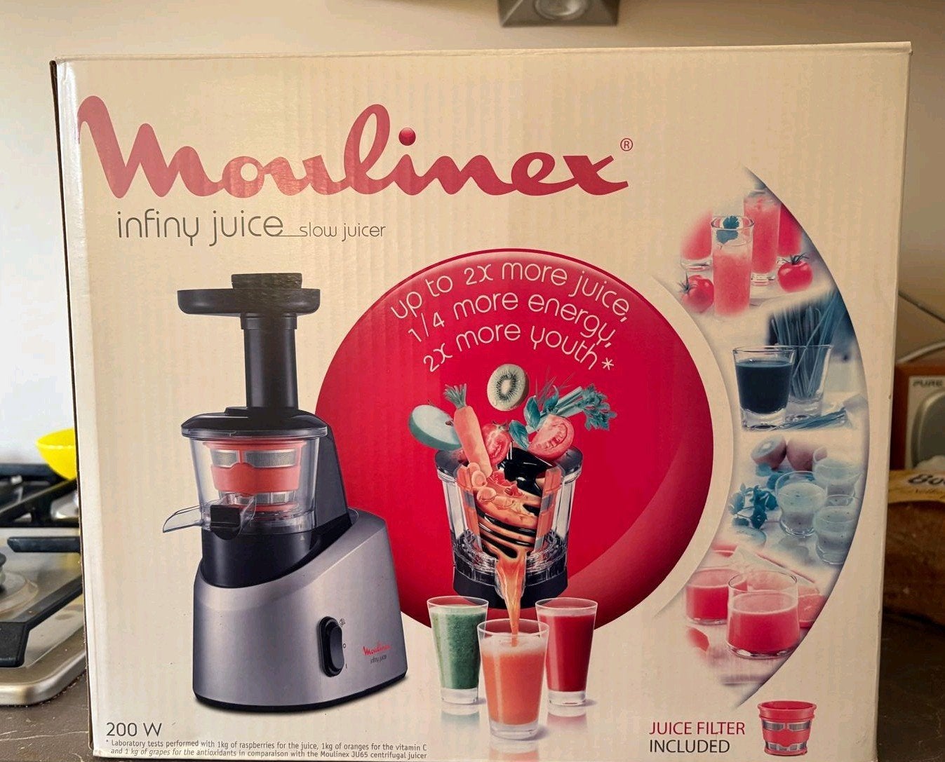 Slowjuicer Moulinex Infiny met kookboek, Ophalen, Zo goed als nieuw