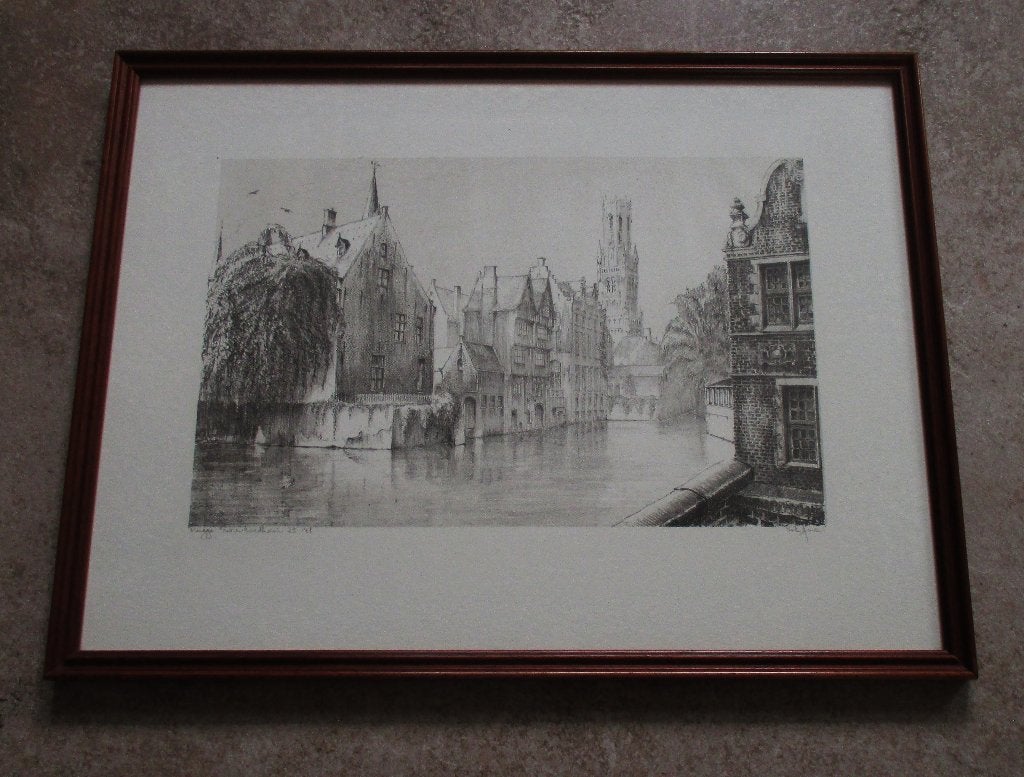 Kader met Litho 148 - Brugge Rozenhoed Kaai- Rik Gie, Gesigneerd, Ophalen of Verzenden, Overige onderwerpen, Lithografie
