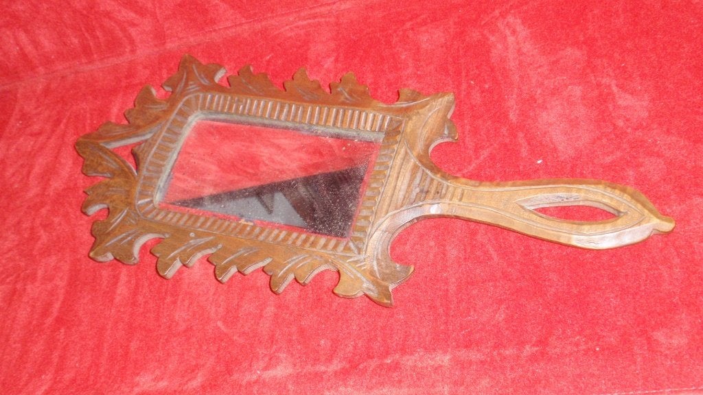 Oud houten handspiegel met geslepen boordje, Ophalen of Verzenden, Rechthoekig, Minder dan 50 cm, Minder dan 100 cm