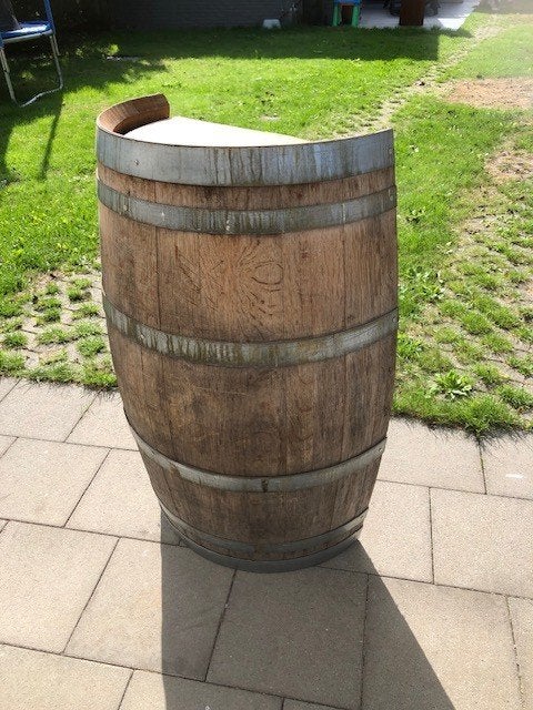 half eiken vat als terras tafel, Jardin & Terrasse, Tables de jardin, Enlèvement, Comme neuf, Rond, Bois