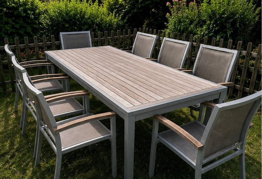 Crown tuinset – teak tafel + 6 stoelen, Tuin en Terras, Ophalen, Textileen, Zo goed als nieuw, Stoel