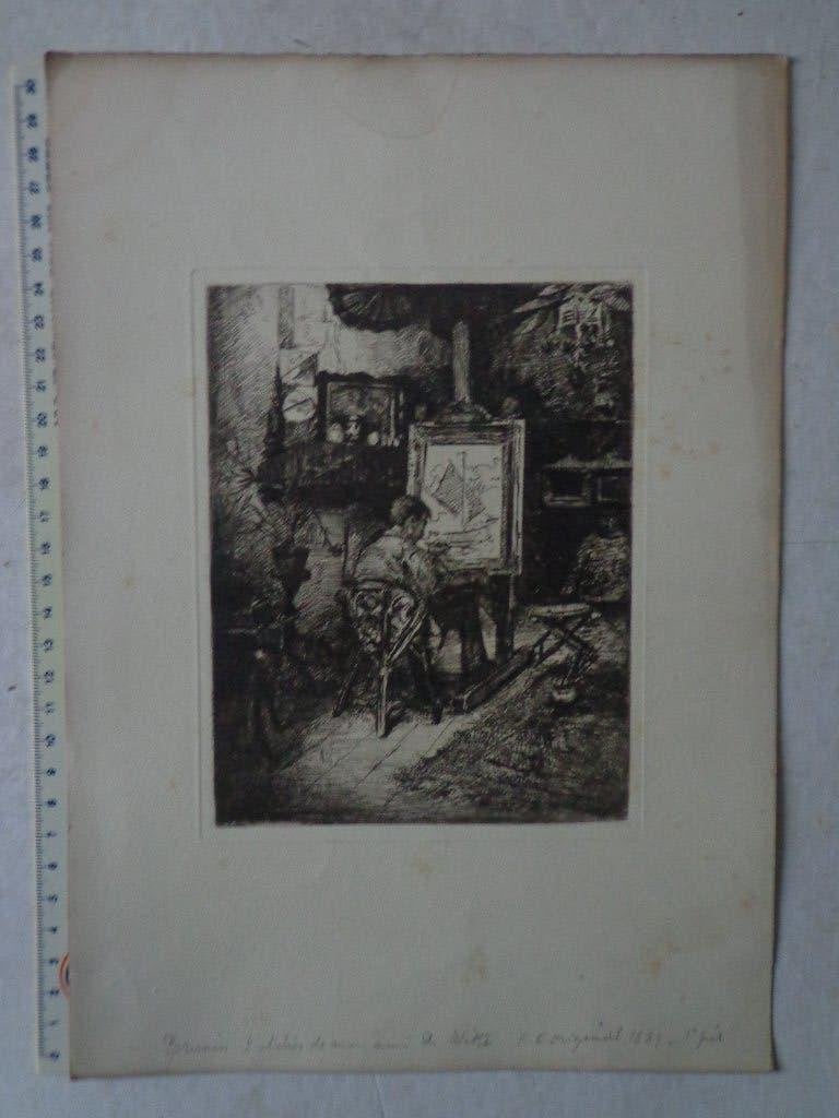 Ets van Leon Brunin "Het atelier van mijn vriend De Witte", Antiquités & Art, Art | Eaux-fortes & Gravures, Eau-forte, Vie quotidienne