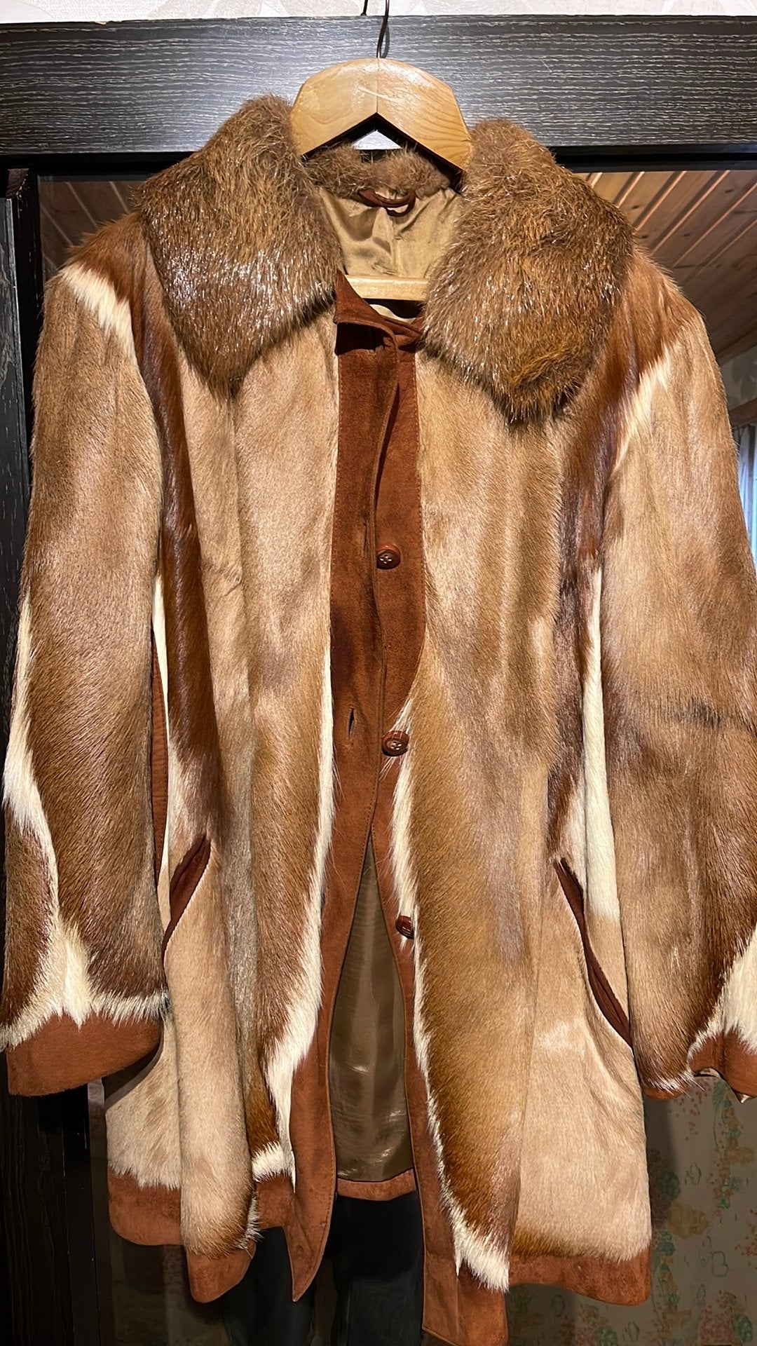 Prachtige vintage jas echte vacht & suède – met ceintuur, Kleding | Dames, Ophalen, Gedragen, Maat 46/48 (XL) of groter, Beige