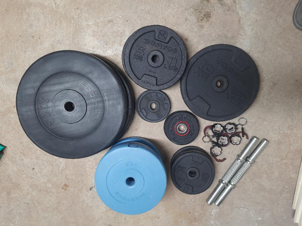 Homegym set 112kg – squat rack – bench press – halterstangen, Enlèvement, Utilisé, Barre d'haltères