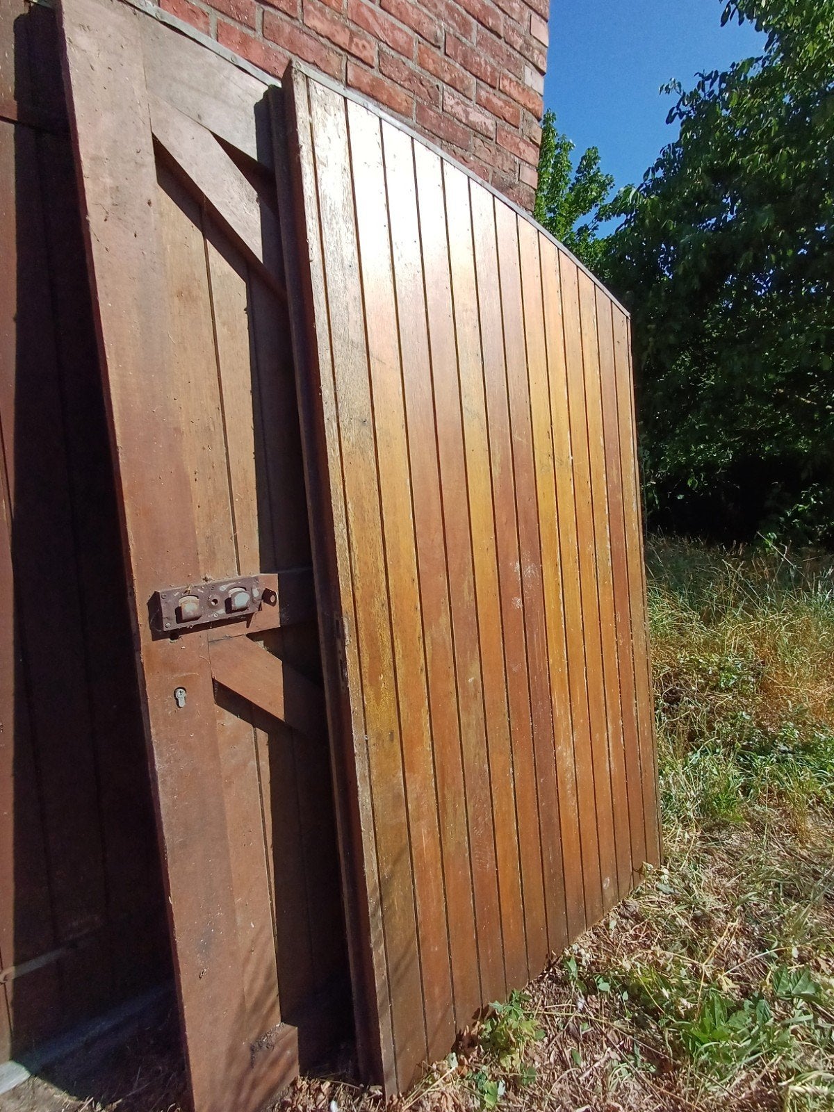 Eiken dubbele schuurdeur, Tuin en Terras, Ophalen, Gebruikt, Hout