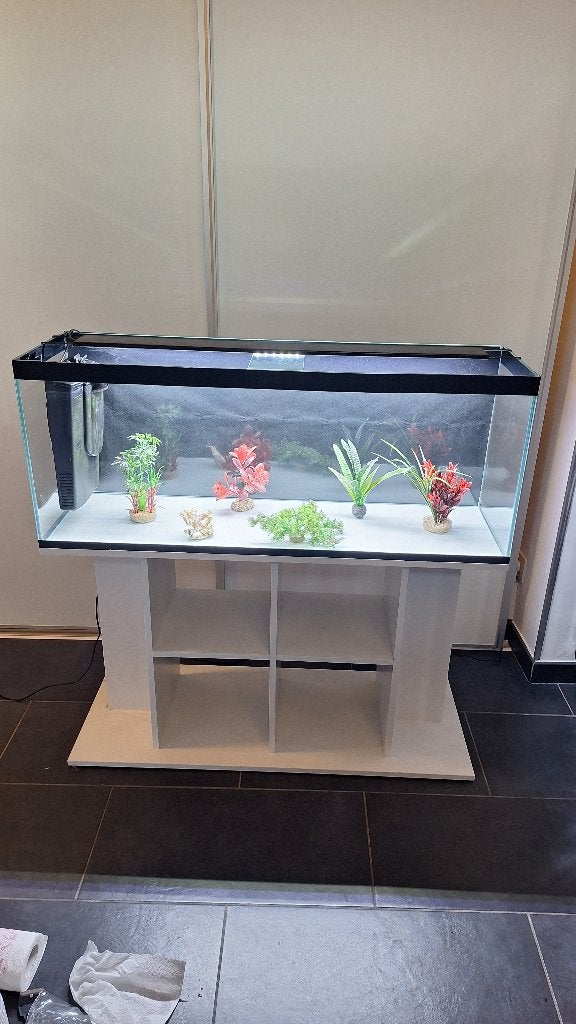 Aquarium + meuble, Enlèvement, Plantes incluses, Comme neuf, Aquarium d'eau douce rempli